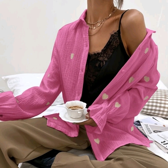 Tops - Heart Pattern Pink Blouse